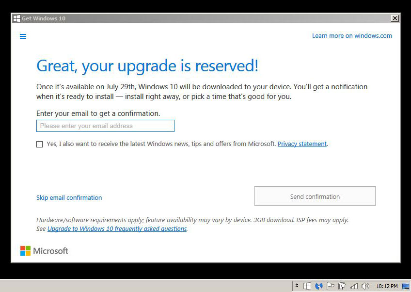 Windows 10 upgrade is reserved. 